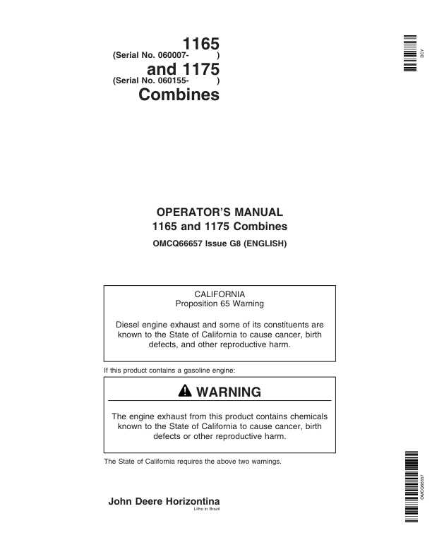 John Deere 1165, 1175 Combine Operator’s Manual (OMCQ66657) Workshop Guide
