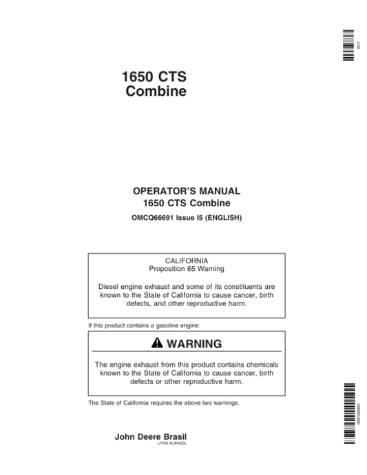 John Deere 1650 CTS Combine Operator’s Manual (OMCQ66691) Workshop Guide