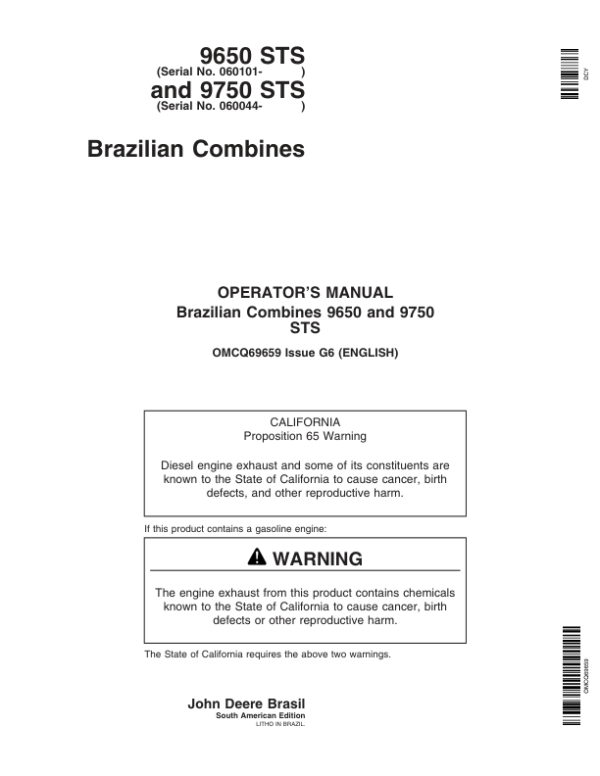 John Deere 9650 STS, 9750 STS Combines Operator’s Manual (OMCQ69659) Workshop Guide