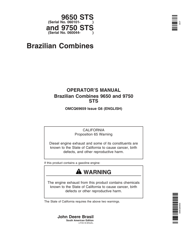 John Deere 9650 STS, 9750 STS Combines Operator’s Manual (OMCQ69659) Workshop Guide