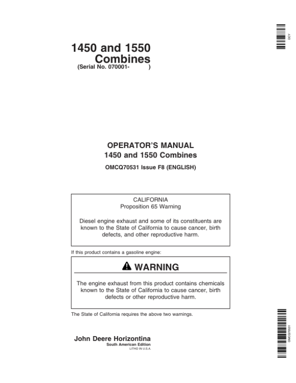 John Deere 1450, 1550 Combine Operator’s Manual (OMCQ70531) Workshop Guide