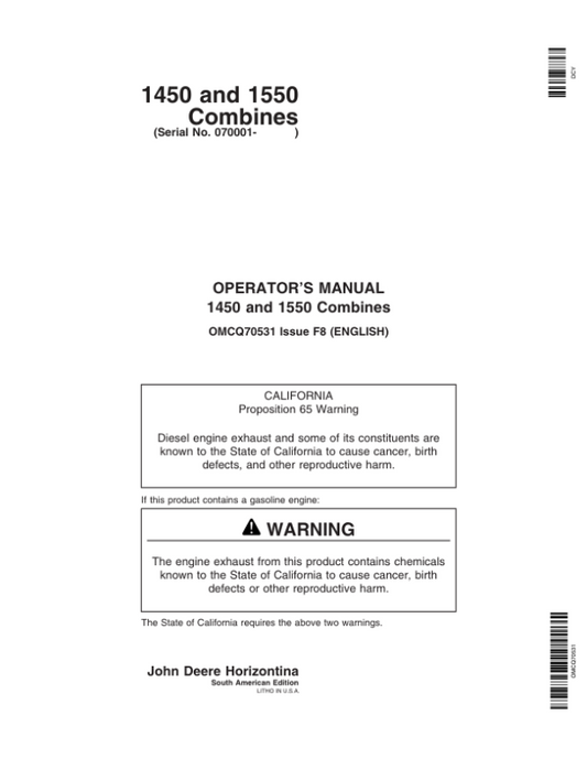 John Deere 1450, 1550 Combine Operator’s Manual (OMCQ70531) Workshop Guide