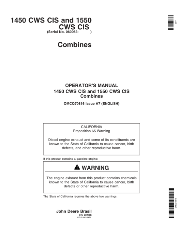 John Deere 1450CWS CIS, 1550CWS CIS Combine Operator’s Manual (OMCQ70816) Workshop Guide