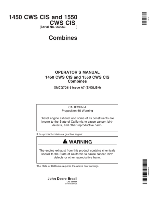 John Deere 1450CWS CIS, 1550CWS CIS Combine Operator’s Manual (OMCQ70816) Workshop Guide