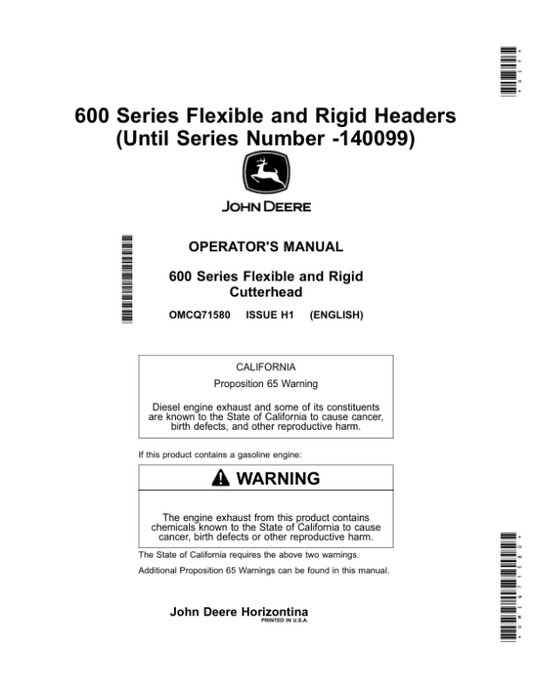 John Deere 600 Series Flexible, Rigid Headers (-140099) Operator’s Manual (OMCQ71580) Workshop Guide