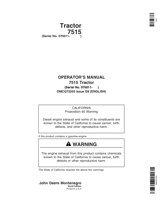 John Deere 7515 Tractor Operator’s Manual (OMCQ72203) Workshop Guide
