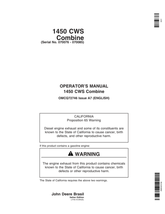 John Deere 1450CWS Combine Operator’s Manual (OMCQ72746) Workshop Guide