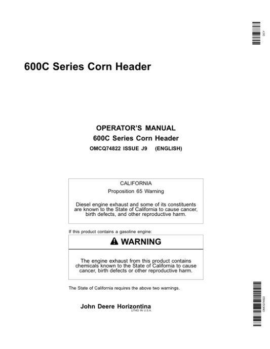 John Deere 600C- Series, Corn Head Operator’s Manual (OMCQ74822) Workshop Guide