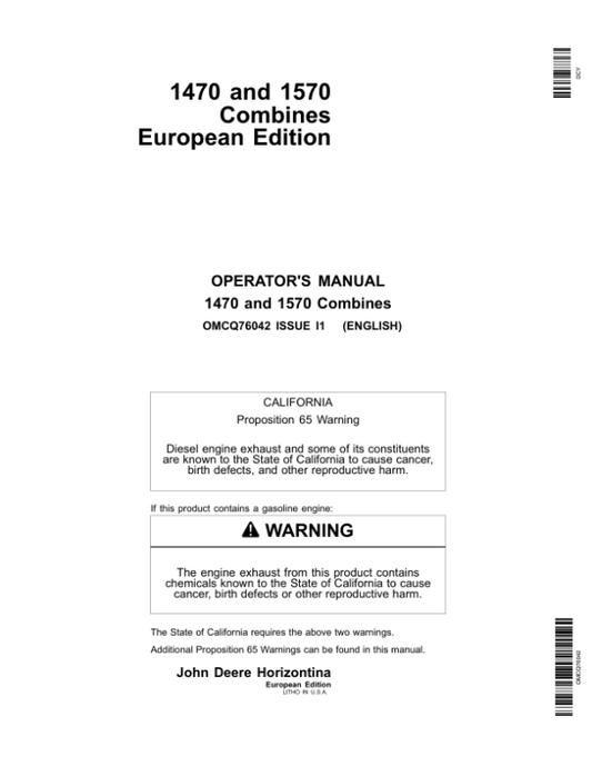 John Deere 1470, 1570 Combine Operator’s Manual (OMCQ76042) Workshop Guide