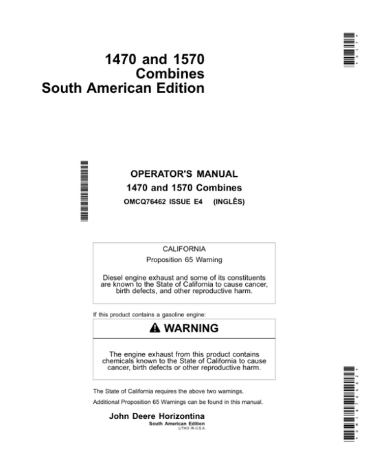 John Deere 1470, 1570 Combine Operator’s Manual (OMCQ76462) Workshop Guide