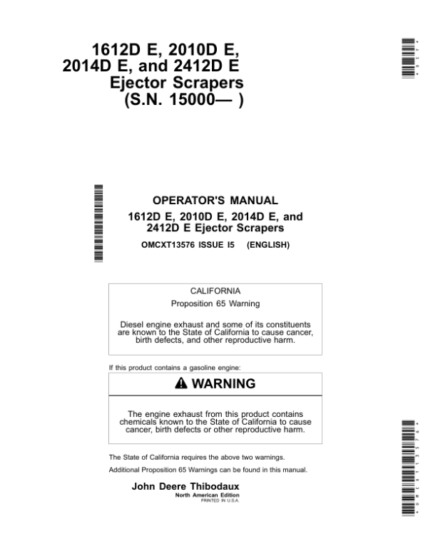 John Deere 1612D E, 2010D E, 2014D E & 2412D E Ejector Scrapers (15000- ) Operator’s Manual (OMCXT13576) Workshop Guide