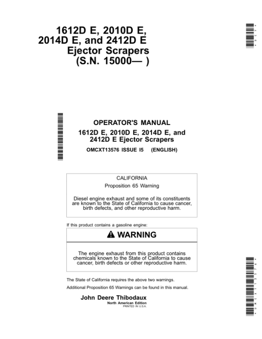 John Deere 1612D E, 2010D E, 2014D E & 2412D E Ejector Scrapers (15000- ) Operator’s Manual (OMCXT13576) Workshop Guide
