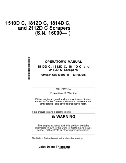 John Deere 1510D C, 1812D C, 1814D C, 2112D C Scrapers Operator’s Manuals (OMCXT18325) Workshop Guide