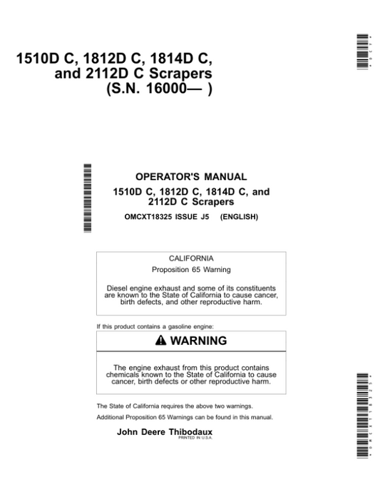 John Deere 1510D C, 1810D, C1812D C, 1814D C& 2112D C Carry All Scrapers North America (16000- ) Operator’s Manual (OMCXT18325) Workshop Guide