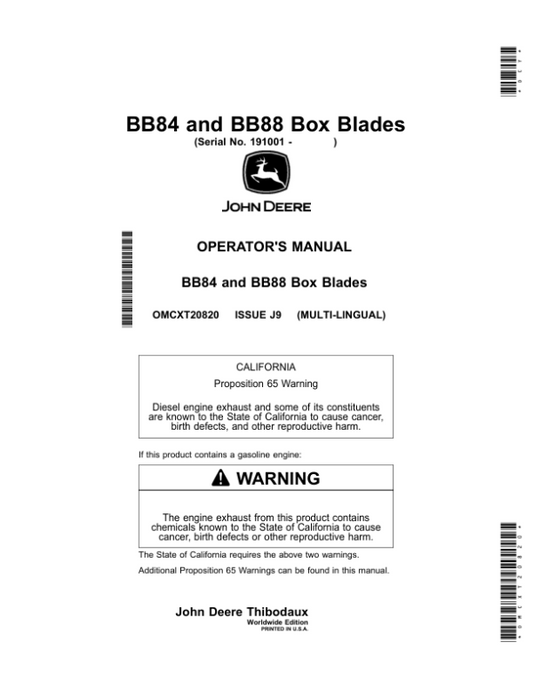 John Deere BB84, BB88 Box Blades (Worldwide Edition) Operator’s Manual (OMCXT20820) Workshop Guide