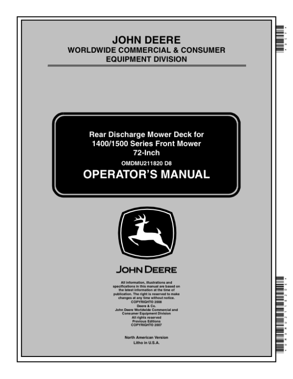 John Deere 1400, 1420 1435, 1445, 1545, 1550, 1565 Rear Discharge Mower Deck for 1400/1500 Series Front Mower 72-Inch (North America) (215001-) Operator’s Manual (OMDMU211820E) Workshop Guide