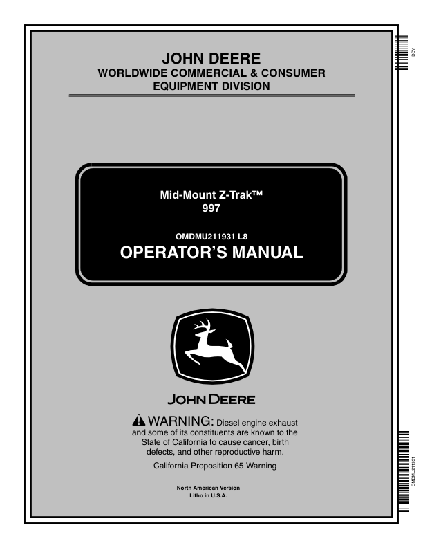 John Deere 997 Max-Frame ZTrak Mower (030101-) Operator’s Manual (OMDMU211931) Workshop Guide