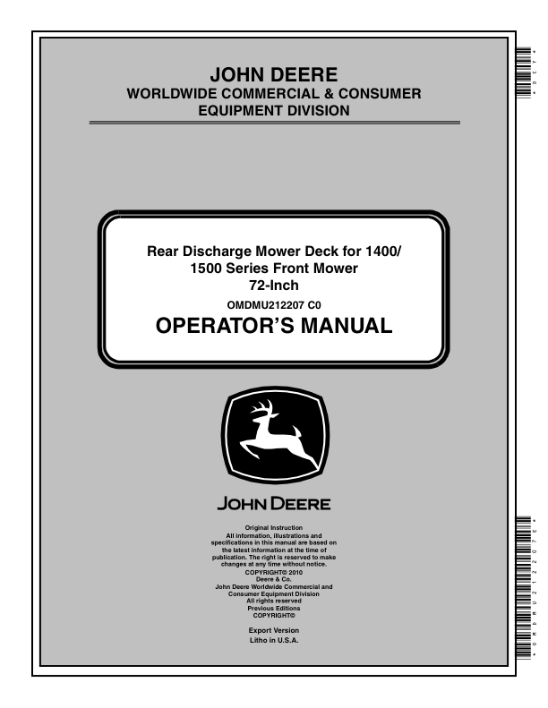John Deere 72 Inch Rear Discharge Mower, 1400/1500 Series (North America) (215434-) Operator’s Manual (OMDMU212207E) Workshop Guide