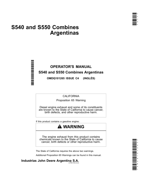 John Deere S540, S550 Combines Argentinas Operator’s Manual (OMDQ101265) Workshop Guide