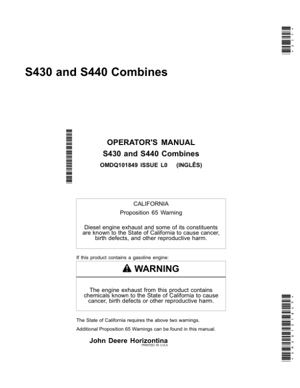 John Deere S430, S440 Combines (Worldwide Edition) Operator’s Manual (OMDQ101849) Workshop Guide