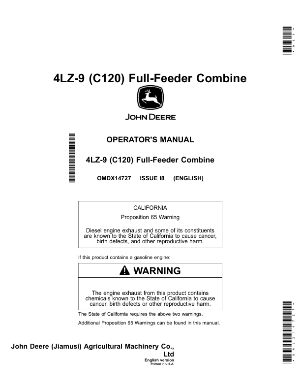 John Deere C120 (4LZ-9) Full-Feeder Combine Operator’s Manual (OMDX14727) Workshop Guide