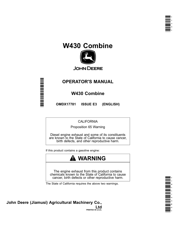 John Deere W430 Combine (Export Edition) Operator’s Manual (OMDX17781) Workshop Guide