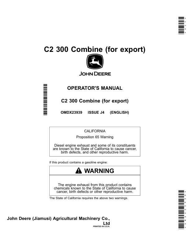 John Deere C2 300 Combine (for export) Operator’s Manual (OMDX23939) Workshop Guide