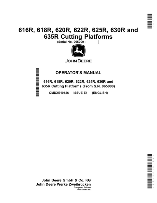 John Deere 616R, 618R, 620R, 622R, 625R, 630R, 635R Cutting Platforms (Europe) Operator’s Manual (OMDXE10126) Workshop Guide