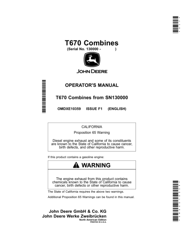 John Deere T670 Combines (North America) Operator’s Manual (OMDXE10359) Workshop Guide