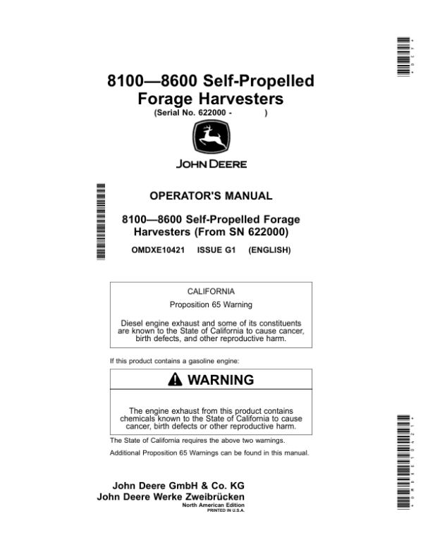 John Deere 8100, 8200, 8300, 8400, 8500, 8600 Self-Propelled Forage Harvesters (North American) Operator’s Manual (OMDXE10421) Workshop Guide