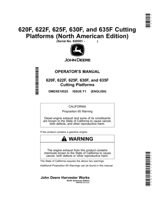 John Deere 620F, 622F, 625F, 630F, 635F Cutting Platforms (820001-) (North American) Operator’s Manual (OMDXE10525) Workshop Guide