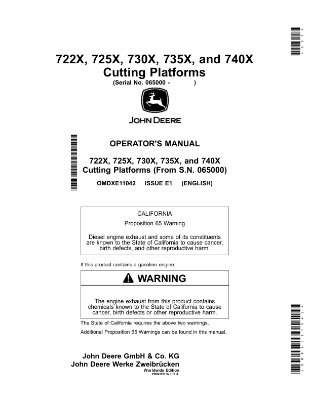 John Deere 722X, 725X, 730X, 735X, 740X Cutting Platforms (Worldwide) Operator’s Manual (OMDXE11042) Workshop Guide