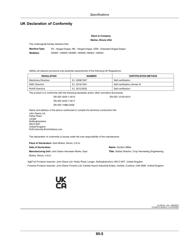 John Deere HD35F, HD35R, HD40F, HD40R, HD45F, HD45R, HD50F, HD50R Hinged Drapers, HD35X, HD40X, HD45X Extended Hinged Drapers (Export Edition) Operator’s Manual (OMDXE12126) Workshop Guide