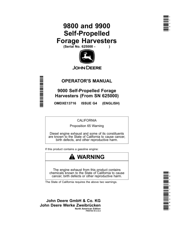 John Deere 9800, 9900 Self-Propelled Forage Harvesters (625000-) Operator’s Manual (OMDXE13716) Workshop Guide