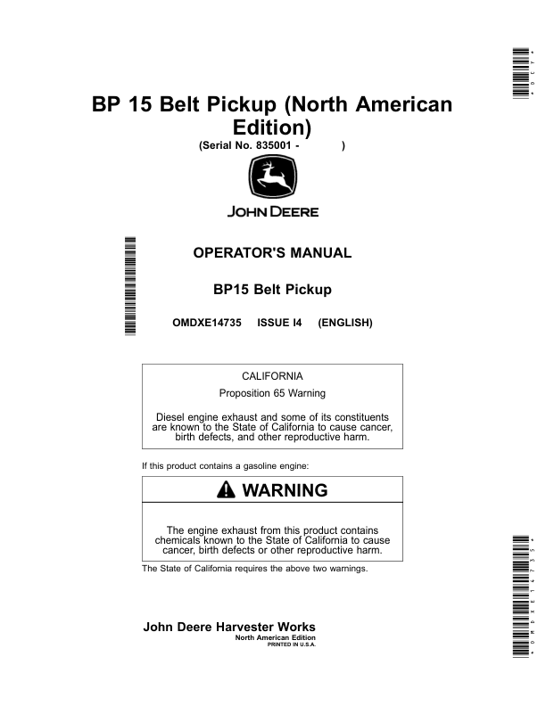 John Deere BP 15 Belt Pickup (North American) Operator’s Manual (OMDXE14735) Workshop Guide