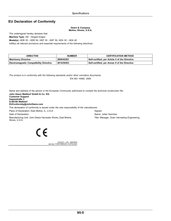 John Deere HDF 35—HDF 50, HDR 35—HDR 50 Hinged Drapers, HDX 35—HDX 45 Extended Hinged Drapers (Export Edition) Operator’s Manual (OMDXE14755) Workshop Guide