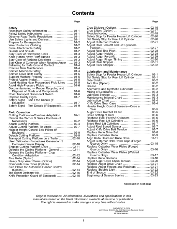 John Deere RA 16, RA 18, RA 20, RA 22, RA 25, RA 30, RA 35 Cutting Platforms (074000-) Operator’s Manual (OMDXE15191) Workshop Guide
