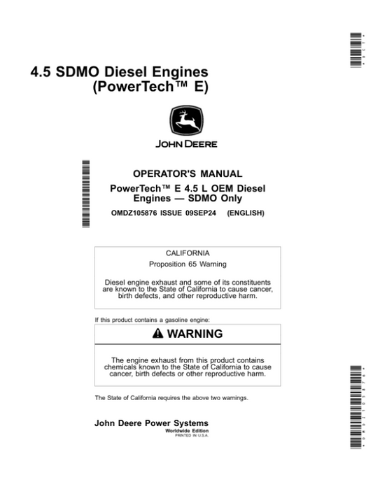 John Deere 4.5 SDMO Diesel Engines (PowerTech E) Operator’s Manual (OMDZ105876) Workshop Guide