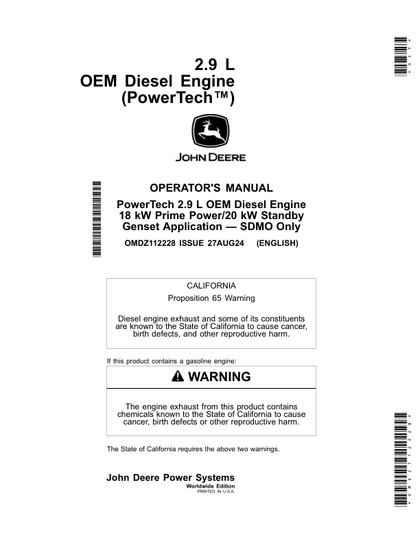 John Deere 2.9 L OEM Diesel Engine (PowerTech) Operator’s Manual (OMDZ112228) Workshop Guide