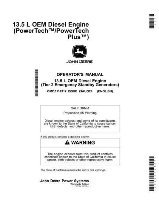 John Deere 13.5 L OEM Diesel Engine (PowerTech/PowerTech Plus) Operator’s Manual (OMDZ114317) Workshop Guide
