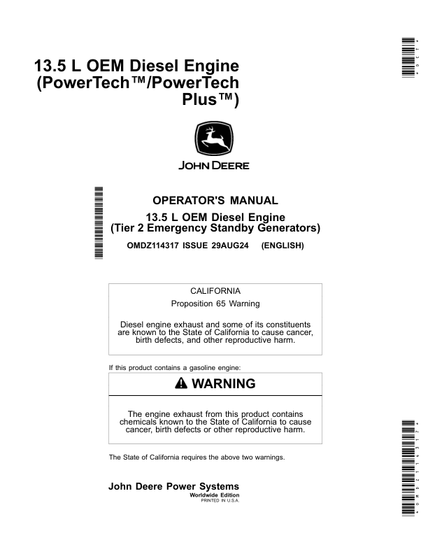 John Deere 13.5 L OEM Diesel Engine (PowerTech/PowerTech Plus) Operator’s Manual (OMDZ114317) Workshop Guide