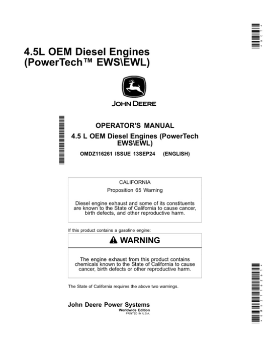 John Deere 4.5 L OEM Diesel Engines (PowerTech EWSEWL) Operator’s Manual (OMDZ116261) Workshop Guide
