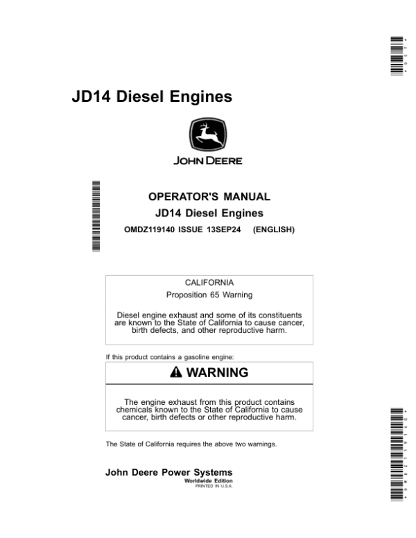 John Deere JD14 Diesel Engines Operator’s Manual (OMDZ119140) Workshop Guide