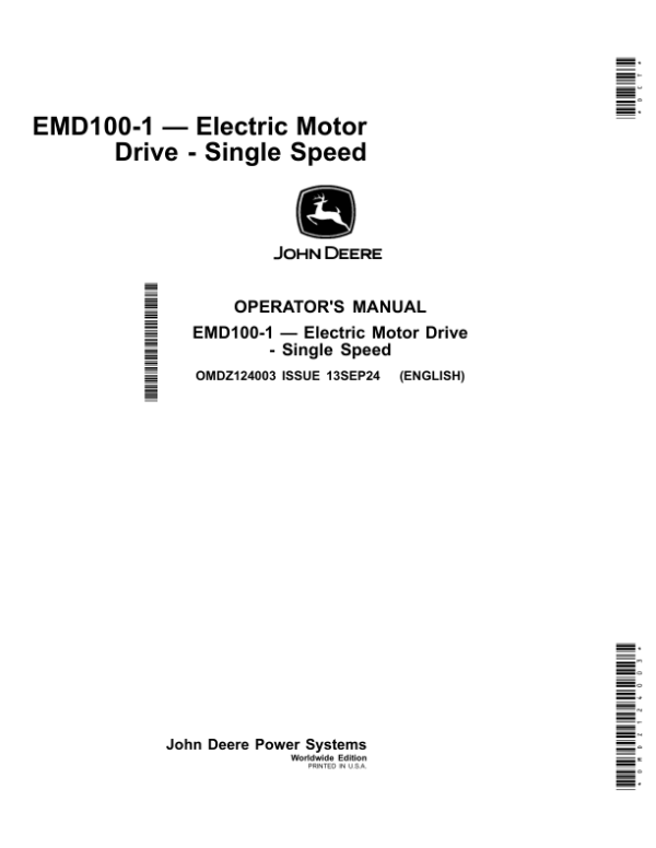 John Deere EMD100-1 – Electric Motor Drive – Single Speed Operator’s Manual (OMDZ124003) Workshop Guide
