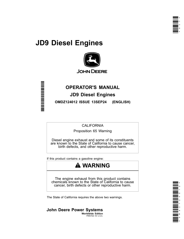 John Deere JD9 Diesel Engines Operator’s Manual (OMDZ124012) Workshop Guide