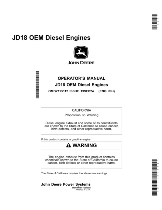 John Deere JD18 OEM Diesel Engines Operator’s Manual (OMDZ125112) Workshop Guide