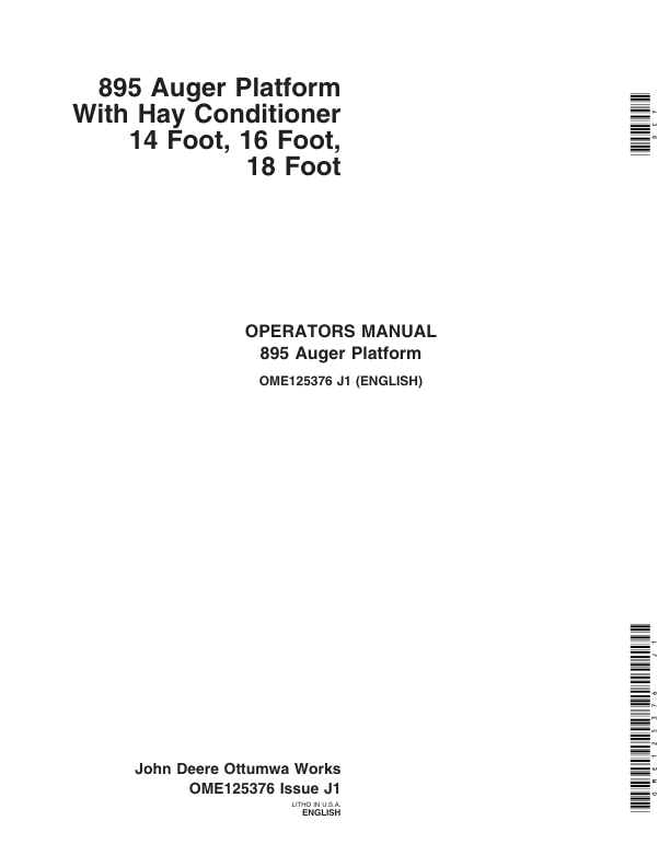 John Deere 895 Auger Platform With Hay Conditioner Operator’s Manual (OME125376) Workshop Guide