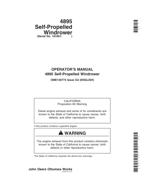 John Deere 4895 Self- Propelled Windrower (181001-) Operator’s Manual (OME126774) Workshop Guide