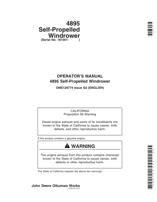 John Deere 4895 Self- Propelled Windrower (181001-) Operator’s Manual (OME126774) Workshop Guide