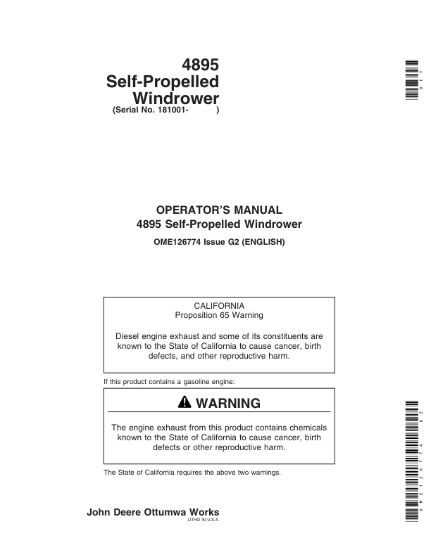 John Deere 4895 Self- Propelled Windrower (181001-) Operator’s Manual (OME126774) Workshop Guide